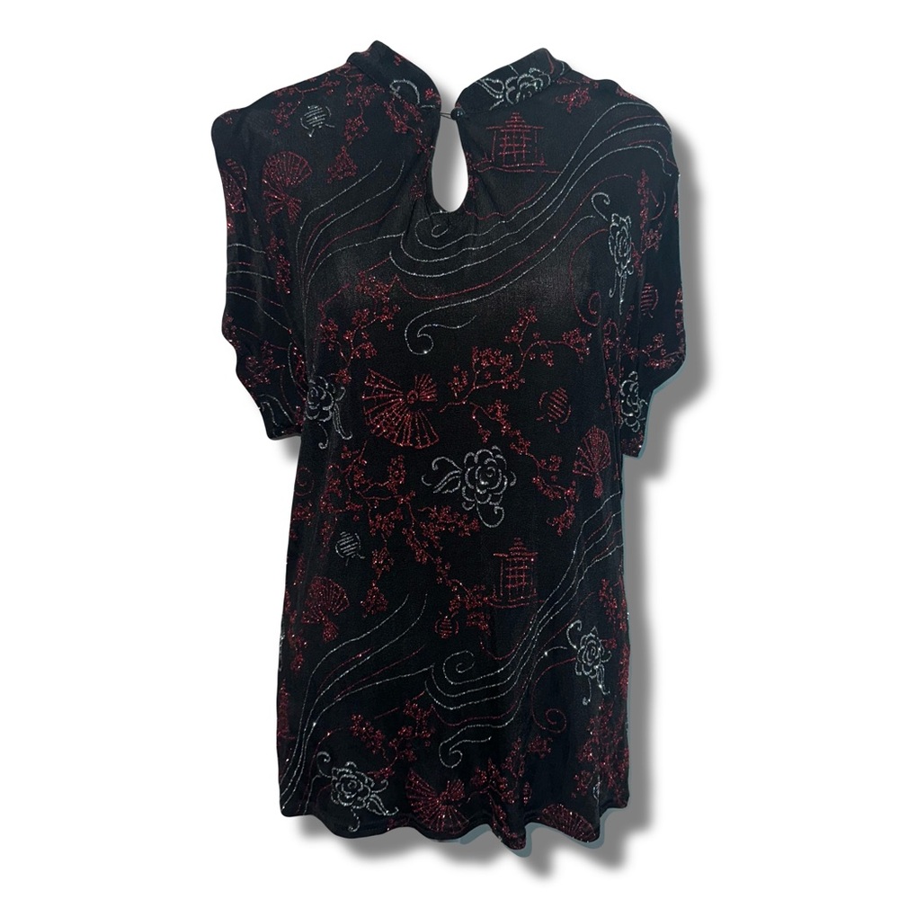 Vtg 90s-Y2K Asian-Inspired Glitter Stretch Top